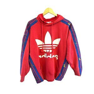 Adidas Red Trefoil Hoodie Floral Striped Sleeves Small Oversized Athleisure